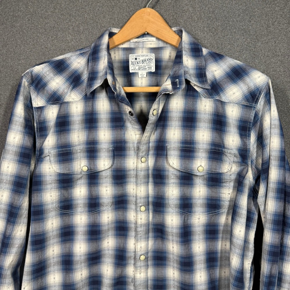 Lucky Brand Mens Pearl Snap Blue White Plaid Western Button Shirt Classic Fit L - Picture 2 of 10